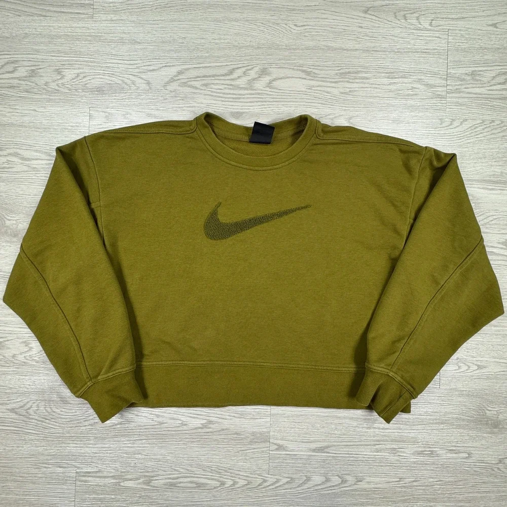 Nike Women's Sweatshirt Cropped Boucle Swoosh Olive Green XS Fleece Pullover